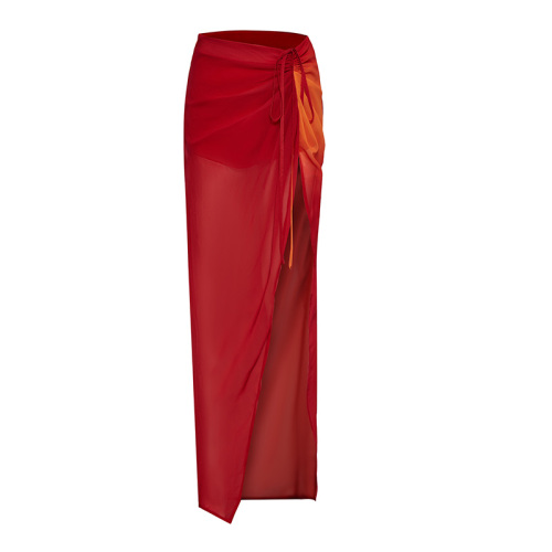 Red mesh drawstring slit skirt