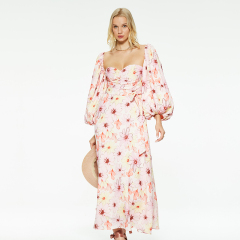 Printed waist-cinching puff sleeves low-cut dress