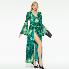 v-neck trumpet sleeves cutout backless slit dress