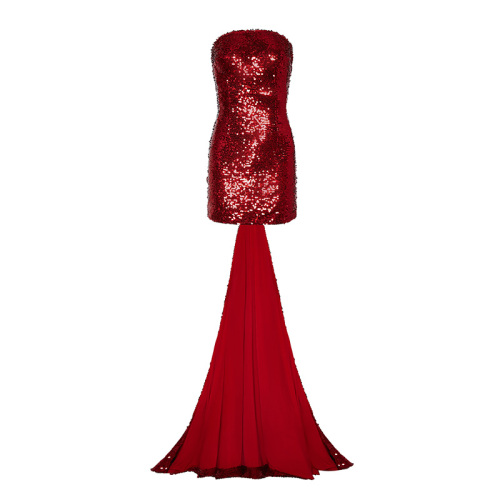 Premium Sexy Red Sequined Tube Top Trailing Party Dress