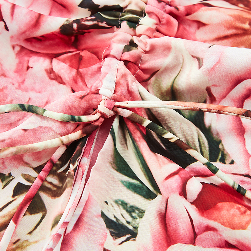 Bright floral print drawstring pleated maxi skirt