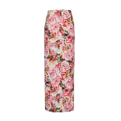 Bright floral print drawstring pleated maxi skirt