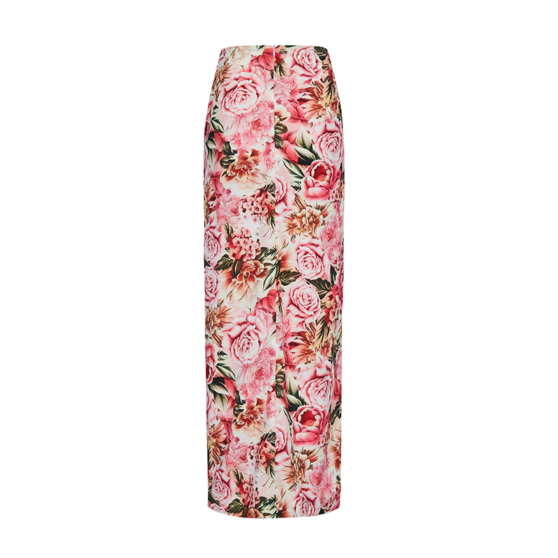 Bright floral print drawstring pleated maxi skirt