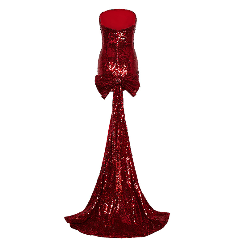 Premium Sexy Red Sequined Tube Top Trailing Party Dress