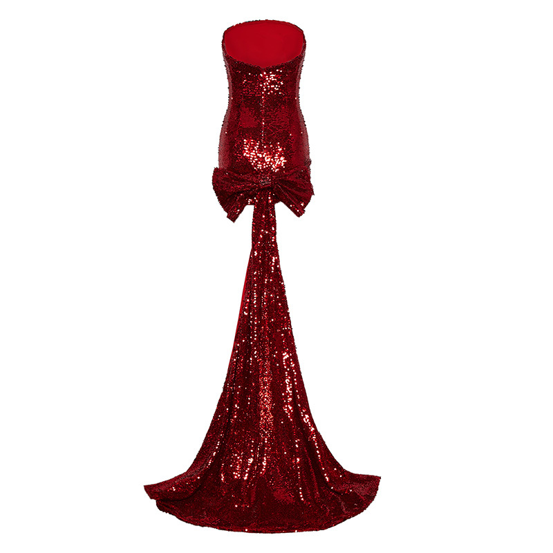Premium Sexy Red Sequined Tube Top Trailing Party Dress