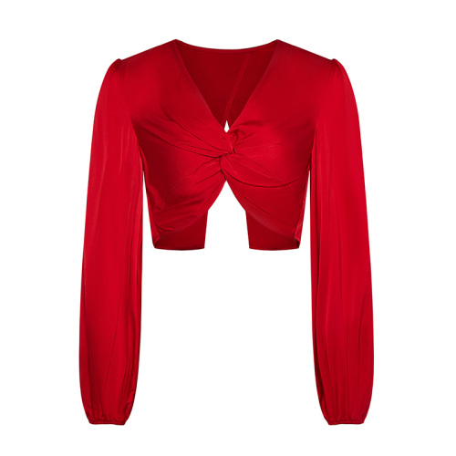 New design sexy Red Knotted Backless Long Sleeve Top