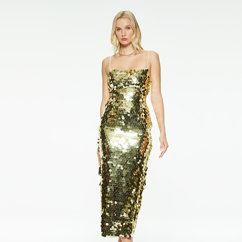 Elegant sequin evening party suspender long dress