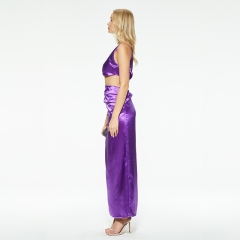 Elegant purple satin suspender patchwork slit dress
