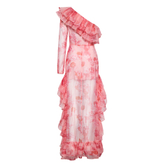 Off-shoulder ruffled floral print mesh dress