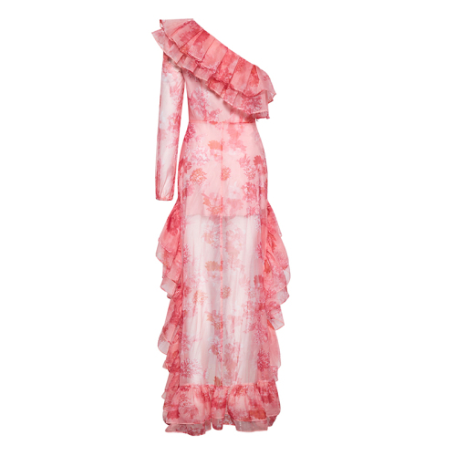 Off-shoulder ruffled floral print mesh dress