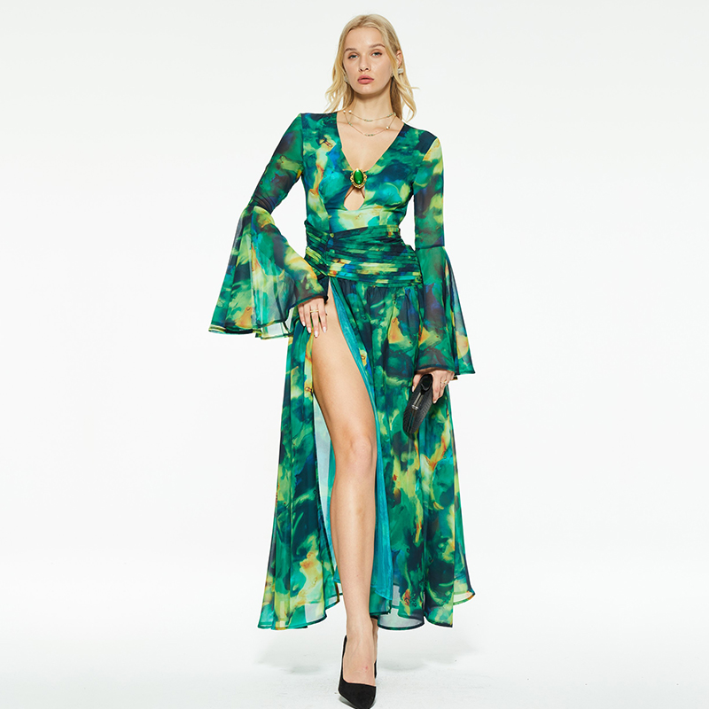 v-neck trumpet sleeves cutout backless slit dress