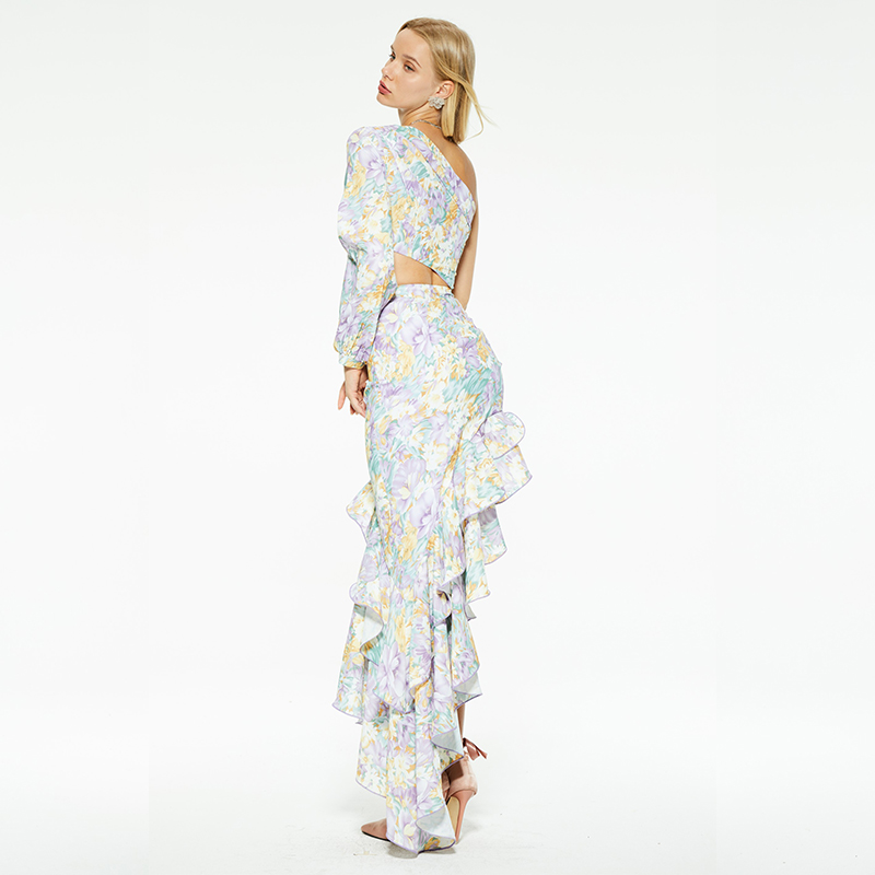 Casual one-shoulder ruffled irregular floral long dress
