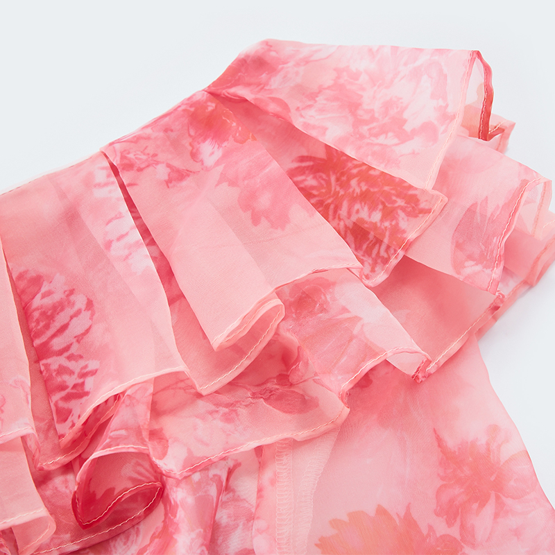Off-shoulder ruffled floral print mesh dress