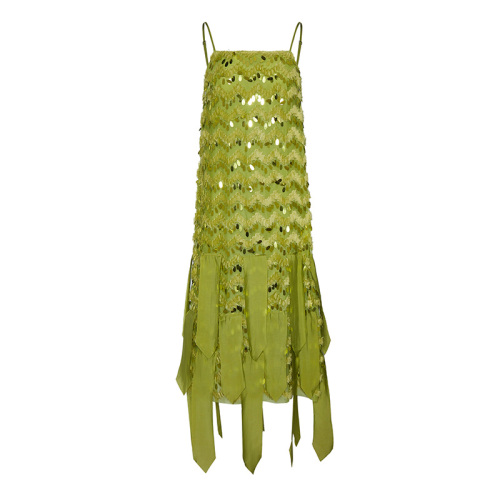 OEM Fashionable ripped see-through tassel suspender long dress