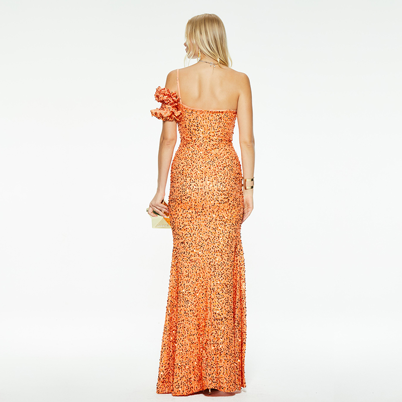Elegant sequin single strap three-dimensional flower slit long dress