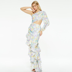 Casual one-shoulder ruffled irregular floral long dress