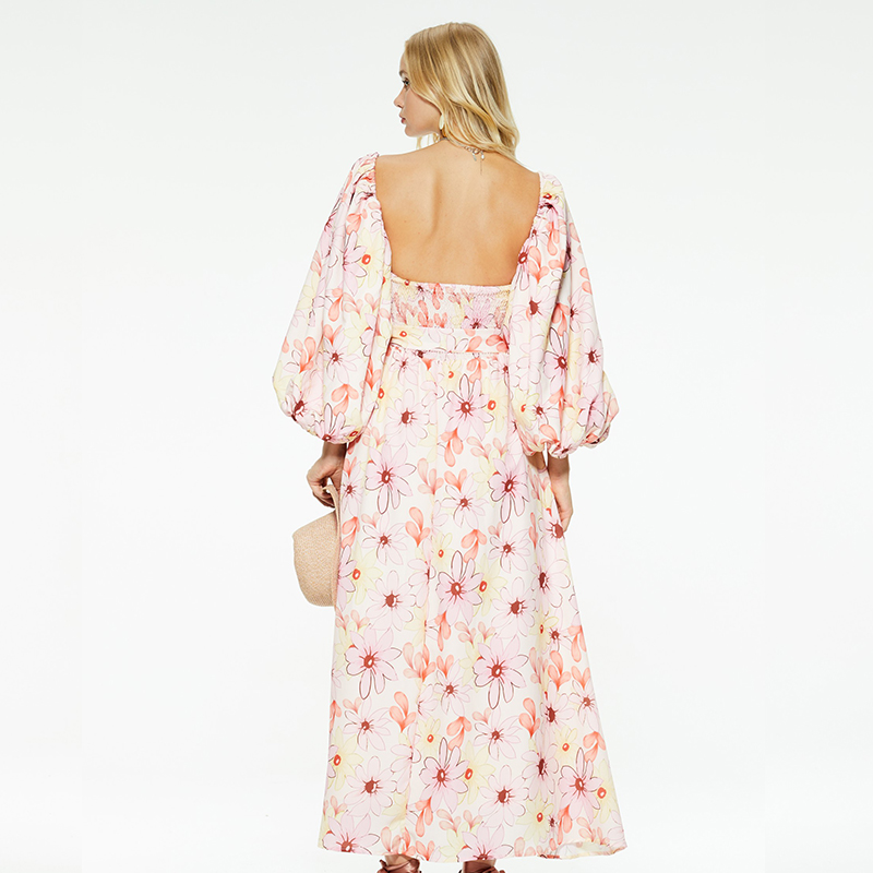 Printed waist-cinching puff sleeves low-cut dress