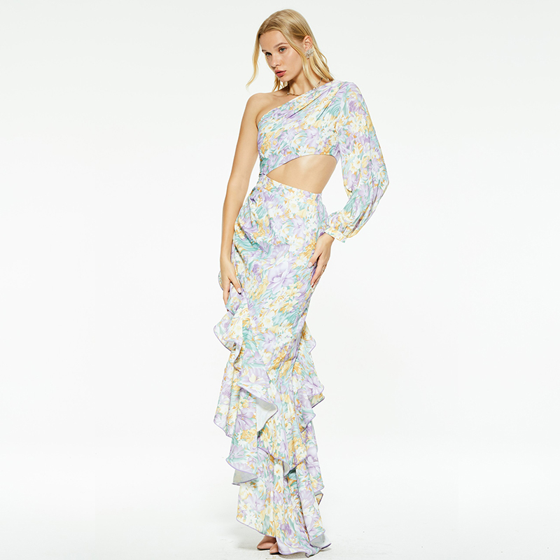 Casual one-shoulder ruffled irregular floral long dress