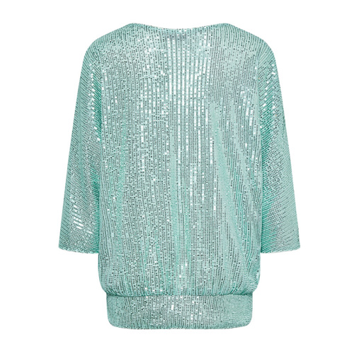 Mint green commuter round neck sequined long-sleeved top