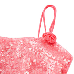Pink Sequined 3D Mesh Flower Suspender Dress