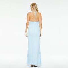 Elegant blue three-dimensional flower halter neck backless dress