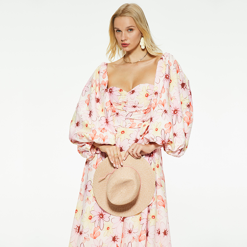 Printed waist-cinching puff sleeves low-cut dress