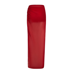 Red mesh drawstring slit skirt