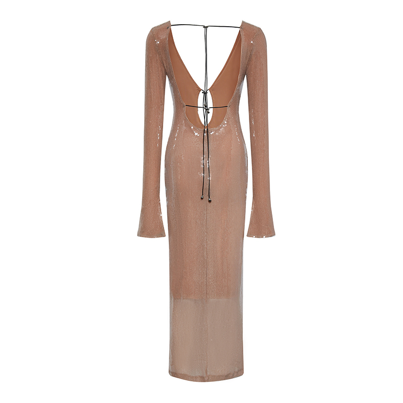 Temperament V-neck backless strappy sequined long-sleeved hip dress