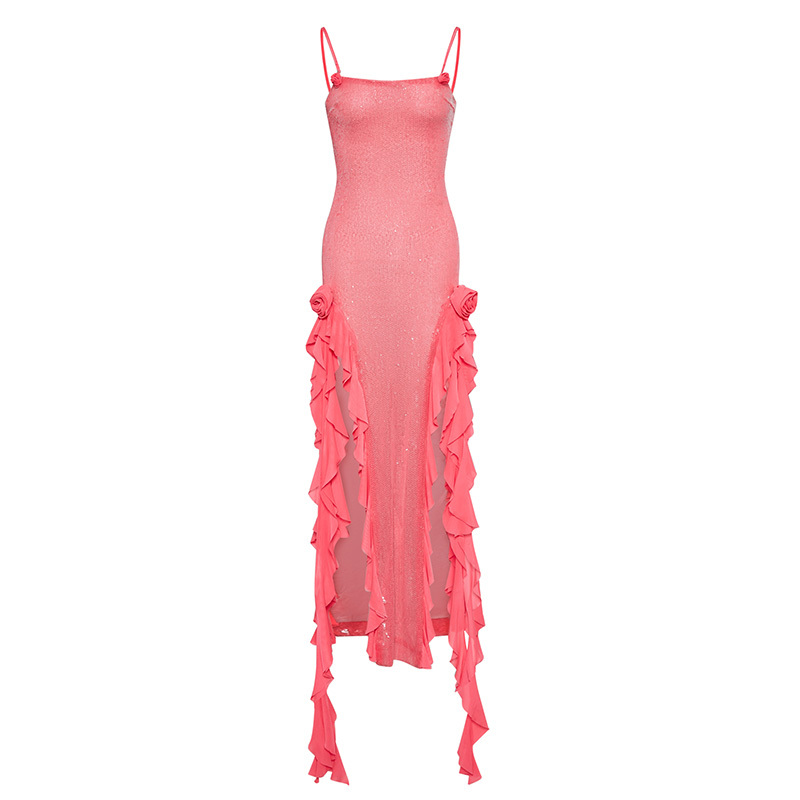 Pink Sequined 3D Mesh Flower Suspender Dress