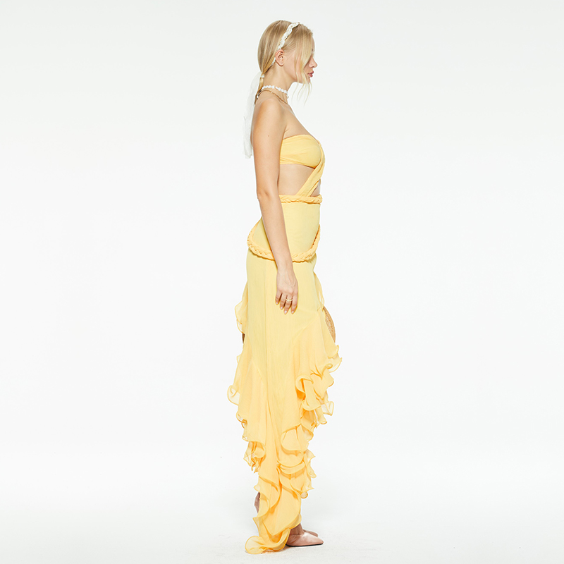 Cross cutout ruffled irregular hem tube top dress