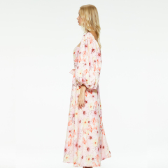 Printed waist-cinching puff sleeves low-cut dress