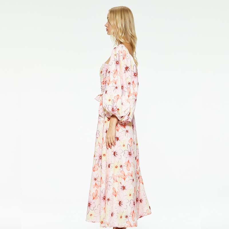 Printed waist-cinching puff sleeves low-cut dress