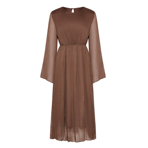 Elegant brown bell sleeve mesh dress