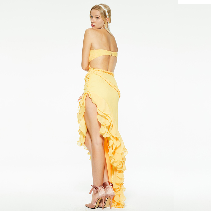 Cross cutout ruffled irregular hem tube top dress