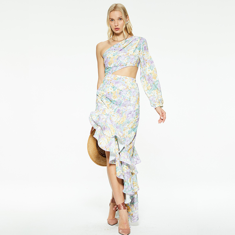 Casual one-shoulder ruffled irregular floral long dress