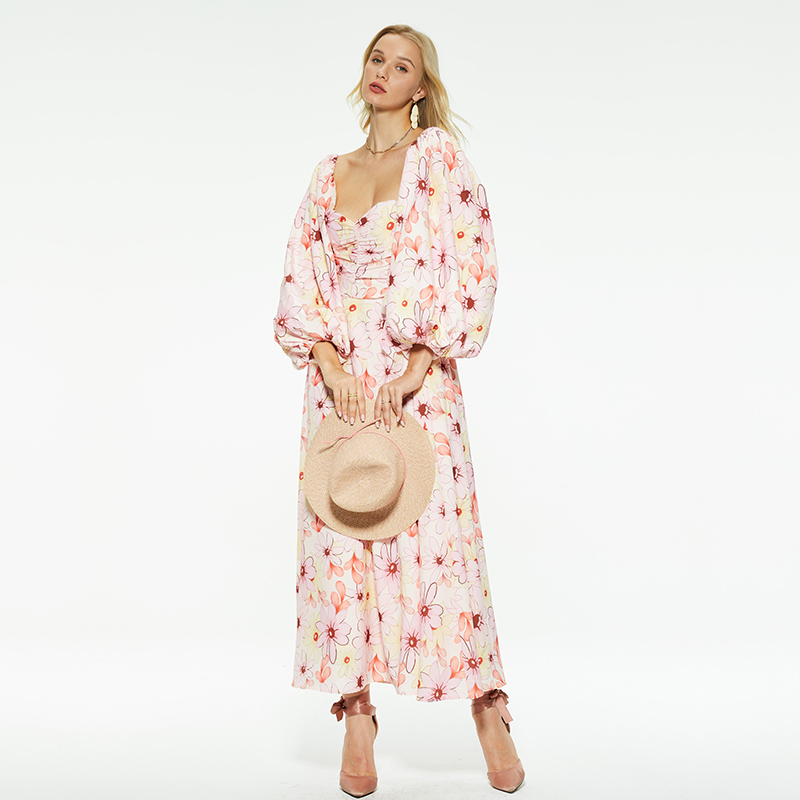 Printed waist-cinching puff sleeves low-cut dress