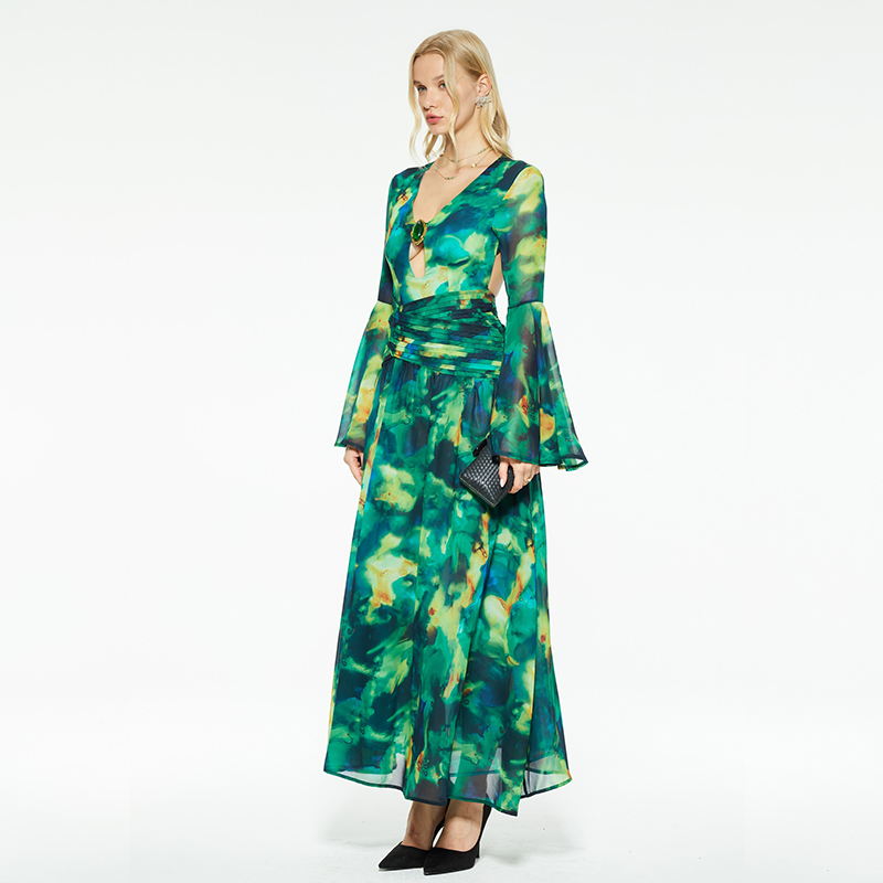 v-neck trumpet sleeves cutout backless slit dress