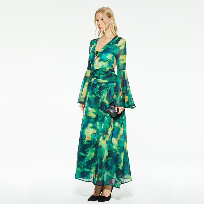 v-neck trumpet sleeves cutout backless slit dress