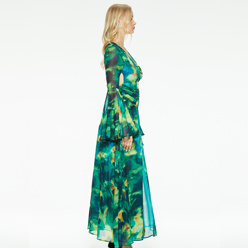 v-neck trumpet sleeves cutout backless slit dress