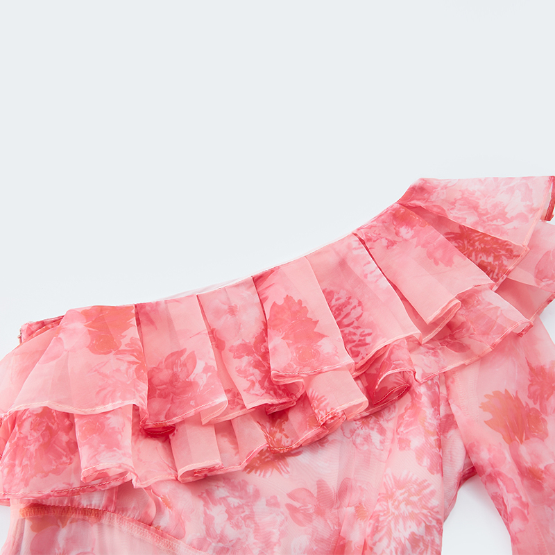 Off-shoulder ruffled floral print mesh dress