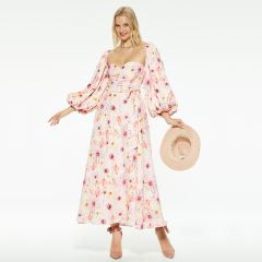 Printed waist-cinching puff sleeves low-cut dress