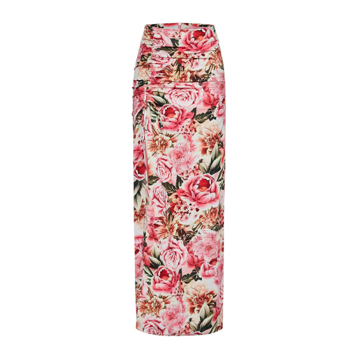 Bright floral print drawstring pleated maxi skirt