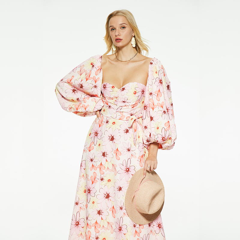 Printed waist-cinching puff sleeves low-cut dress