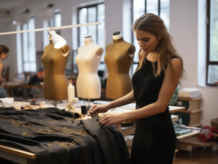 Fashion designer reviewing garment fabric during product development