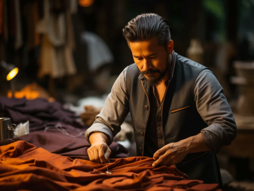 Garment worker handling fabric during clothing production
