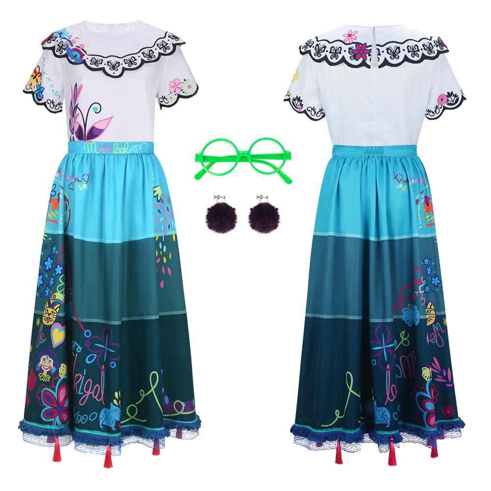 Encanto Mirabel Madrigal Cosplay Costume With Glasses Earrings for Adults