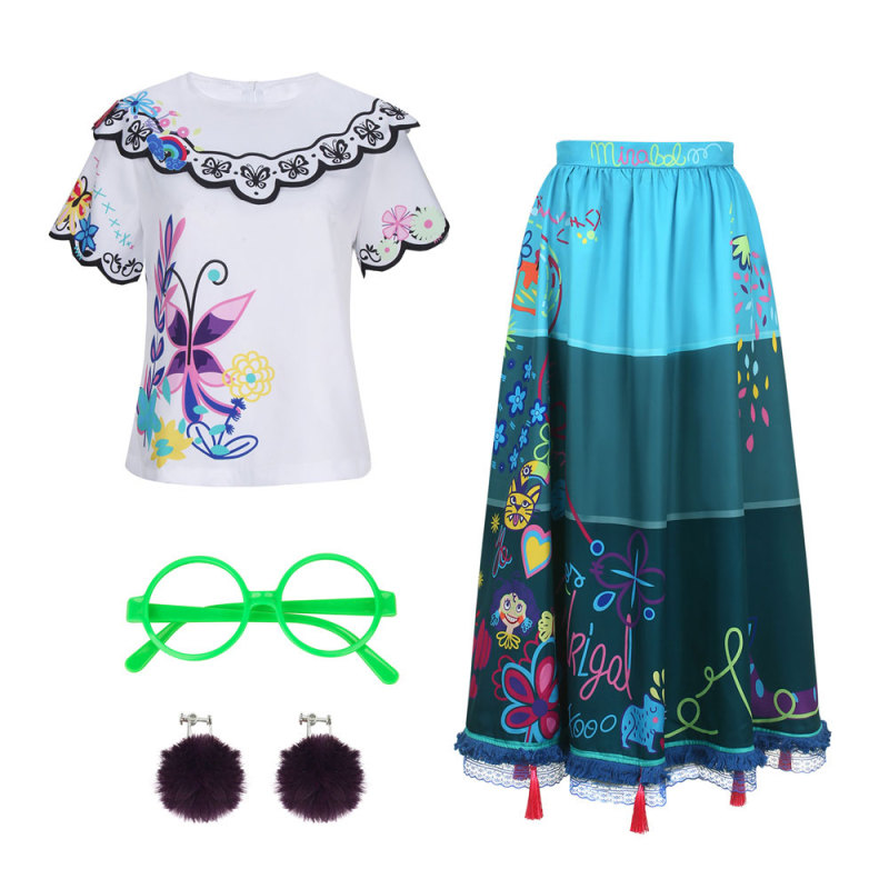 Encanto Mirabel Madrigal Cosplay Costume With Glasses Earrings for Adults