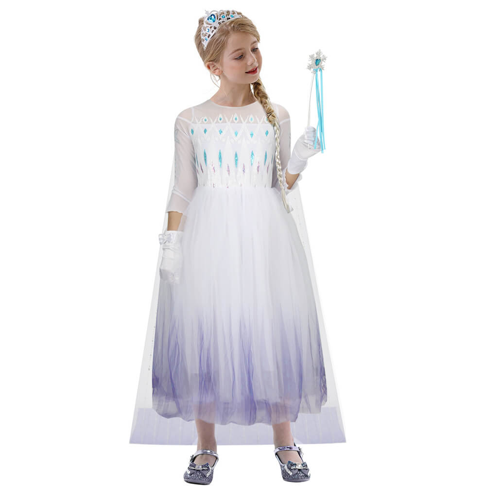 Girls Frozen 2 Elsa White Dress Cosplay Costume Hallowcos