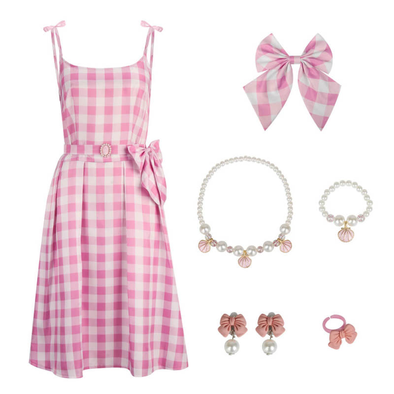 Kids Margot Robbie Pink Plaid Dress Movie Cosplay Costume
