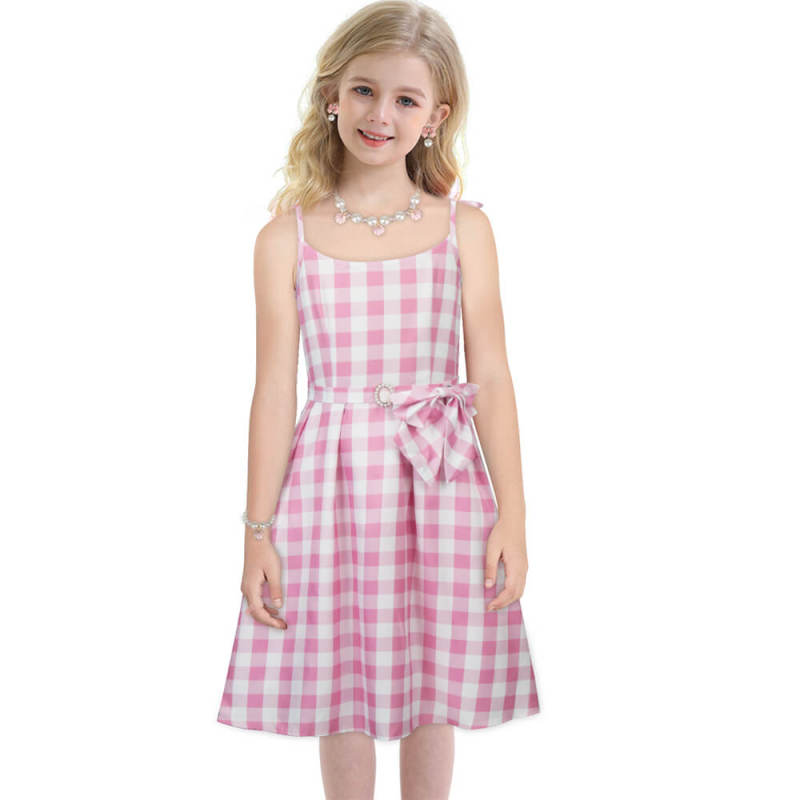 Kids Margot Robbie Pink Plaid Dress Movie Cosplay Costume